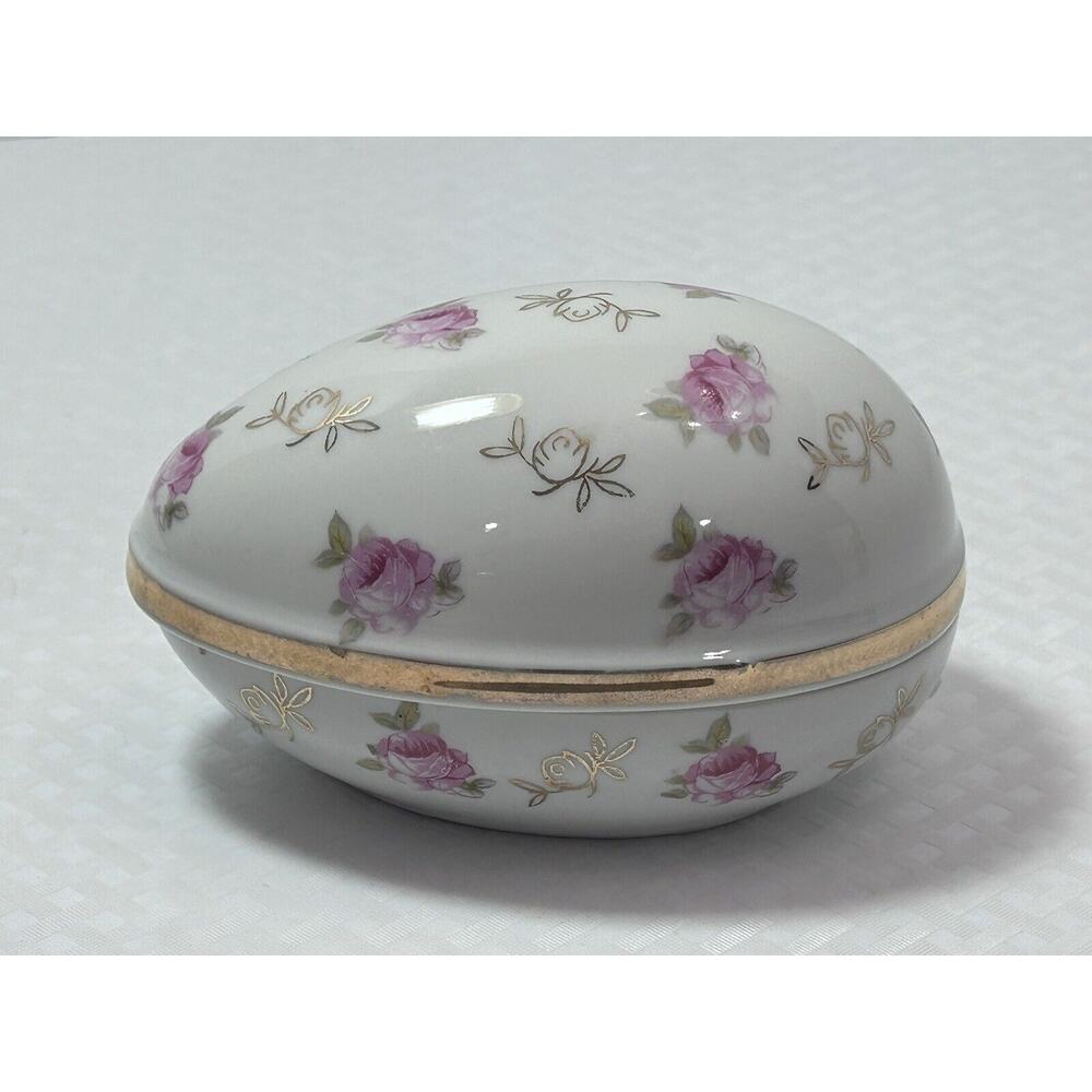 Vtg Norleans Japan Rose Floral Porcelain Egg-Shaped Gilded‎ Trinket Dresser Box
